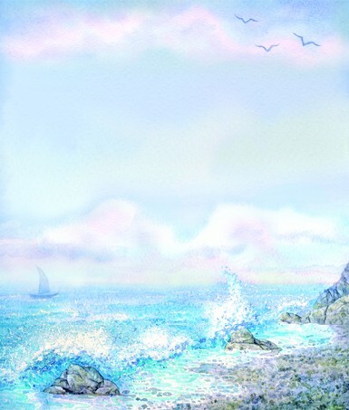 Watercolor seascape background - Scenic morning surf on the rocky shore